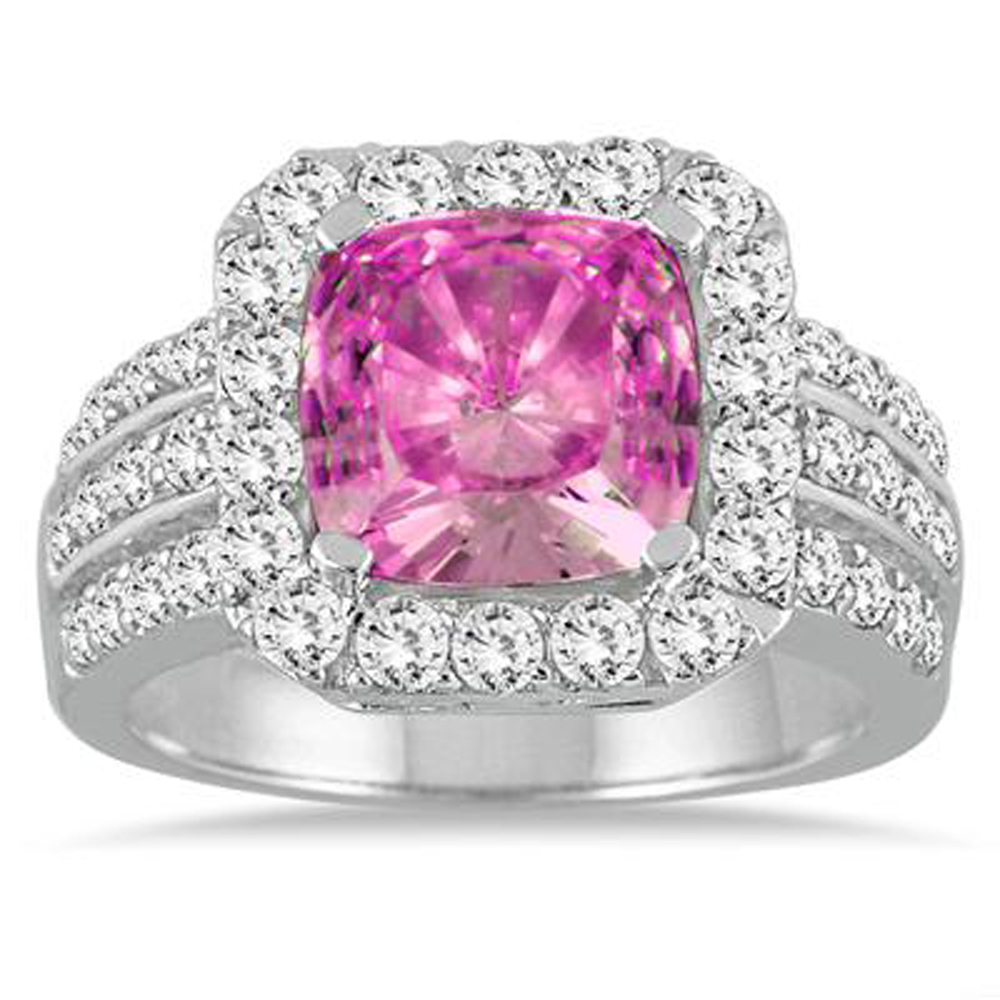 4 Carat Cushion Cut Pink Sapphire & Simulated Diamond Ring In 14K White ...