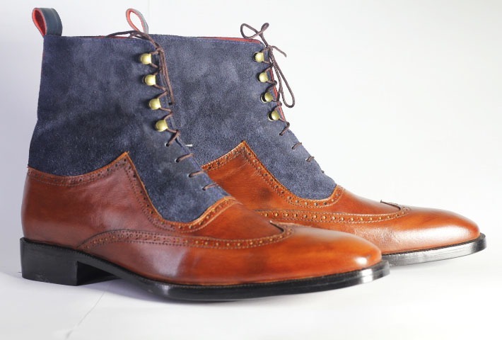 Handmade Men Brown Blue Wing Tip Leather Suede Ankle Boots, Men Designer Boots