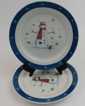 2 Snowman Blue Rim Star Snowflake Christmas Stoneware Dessert / Salad Pl... - $25.74