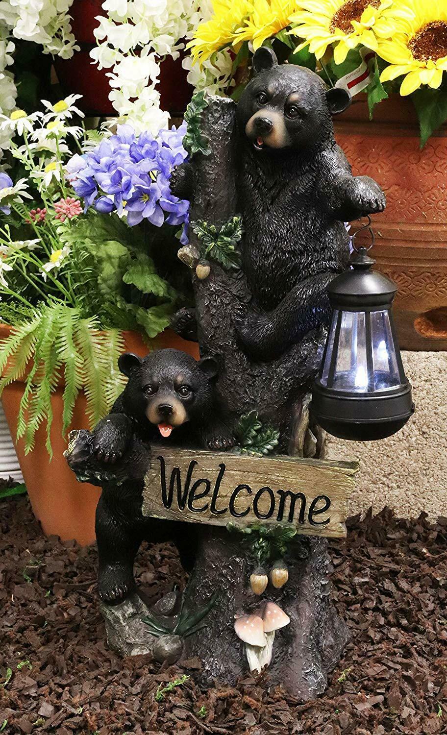 Climbing Black Bear Cubs Garden Light Welcome Statue Figurine Solar LED Lantern