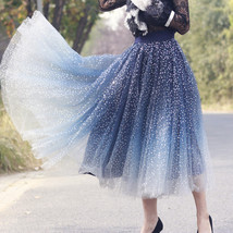 Sequined Tulle Midi Skirt Outfit Navy Blue Sparkly Midi Skirt Custom Plus Size image 3