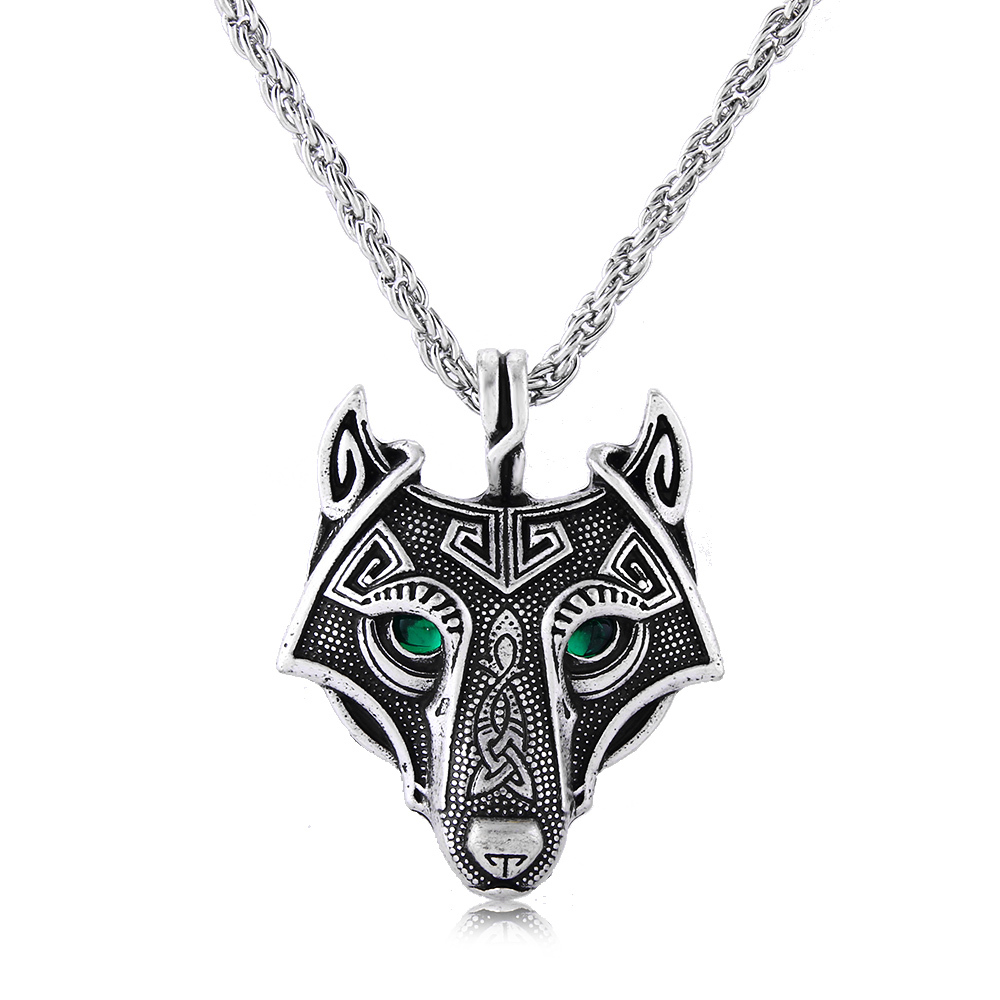 Rhinestone Viking Wolf Head Pendant Necklace For Men or Boys Long Chain ...