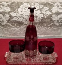 Vintage Bohemian Czech Ruby Red Cut to Clear Wine Decanter, Two Glasses,... - $92.00