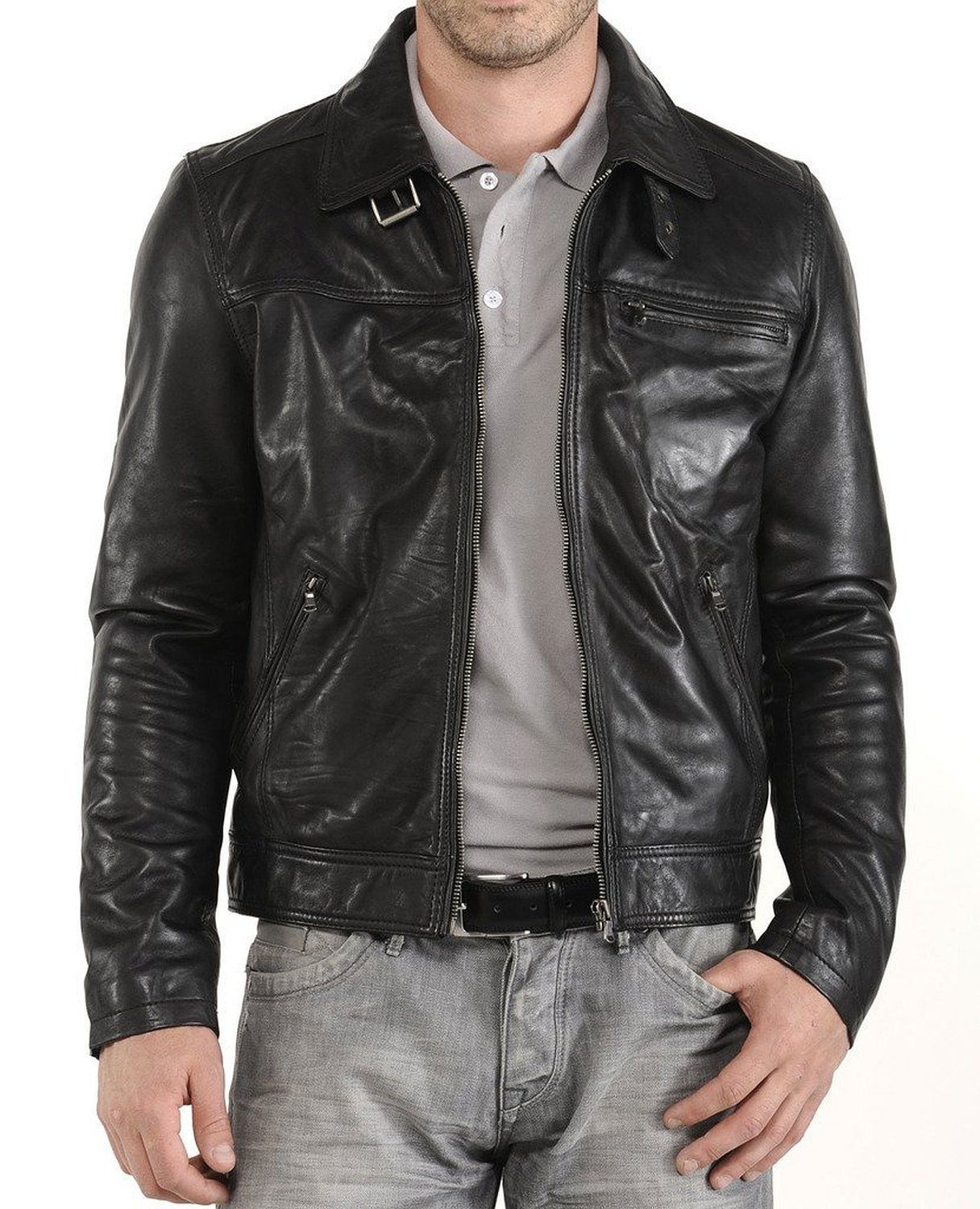 Men's Leather Jacket Biker Motorcycle Coat Black Slim Fit Leather ...