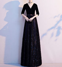 Women Half Sleeve Velvet Maxi Dress High Waist Formal Dress, Black, Plus Size image 4