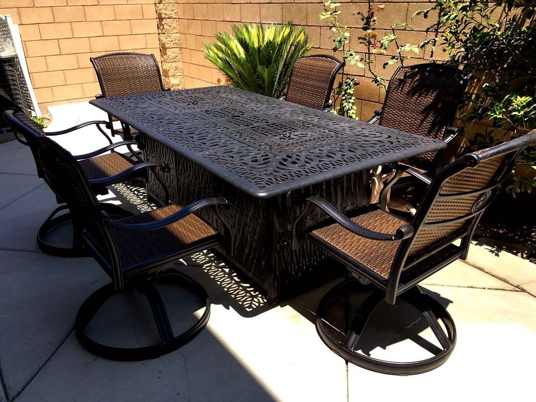 Fire pit dining propane table set 7 piece outdoor cast ...