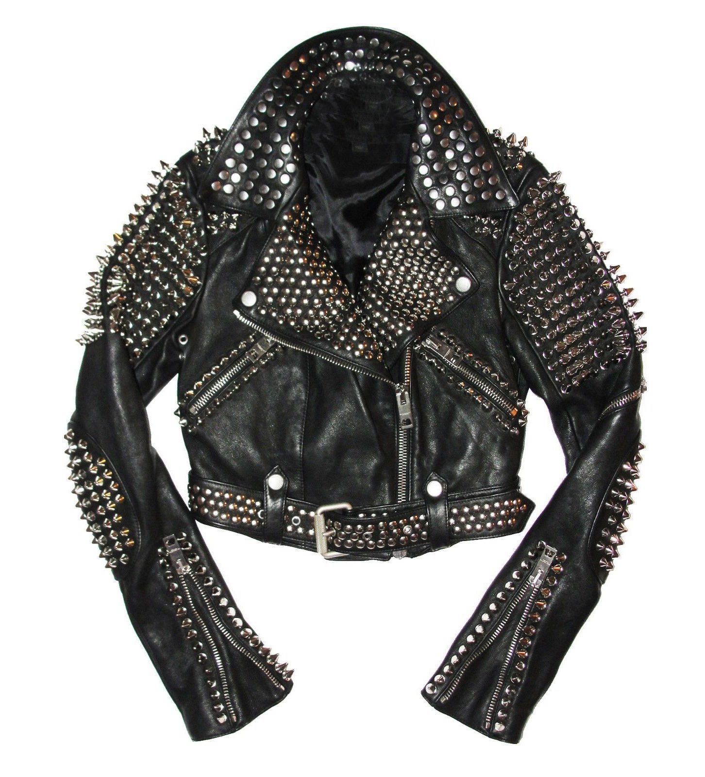 New Women Punk Black Full Heavy Metal Spiked Studded Brando Style Leather Jacket