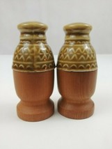 Vintage Ceramic Azetc Design And Wooden Salt &amp; Pepper Shakers - $8.59