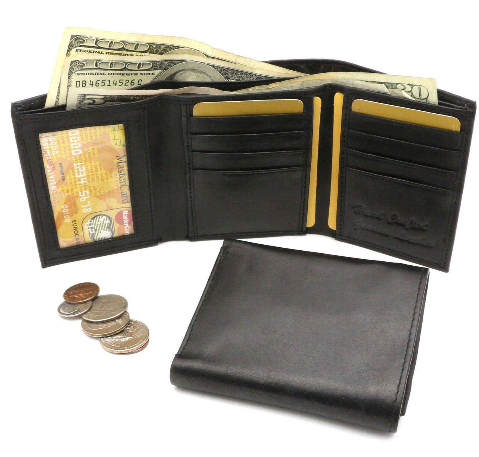 Trifold Genuine Leather Black Plain Compact Wallet With Zipper Currency ...