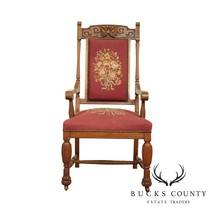 Antique Victorian Renaissance &quot;Grotesque&quot; Carved Oak Needlepoint Armchair - $965.00