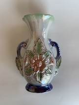 Vintage Lusterware Vase Floral Double Handle Painted Made in Brazil 8.5" Tall - $14.00