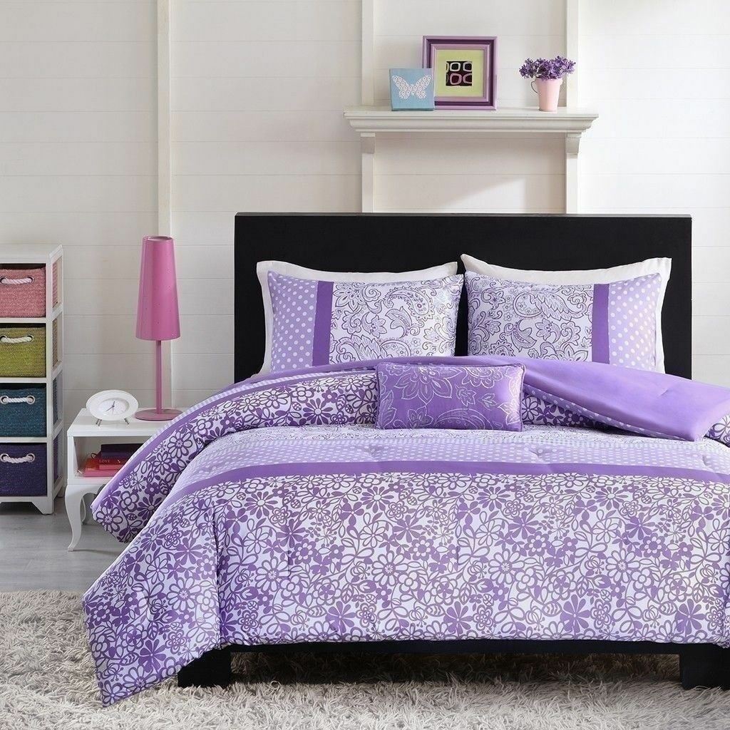 Twin XL Full Queen Bed Purple White Paisley Stripe Floral ...