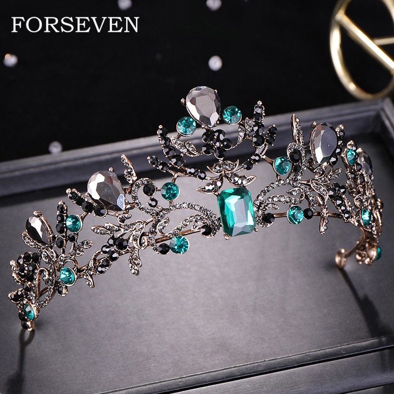 New Arrive Vintage Black Crown and Tiaras Wedding Head Ornaments Green Crystal T