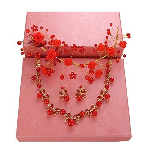 Handmade Red Wedding Bridal Jewelry Hair Style Accessories Earrings Sets, 11