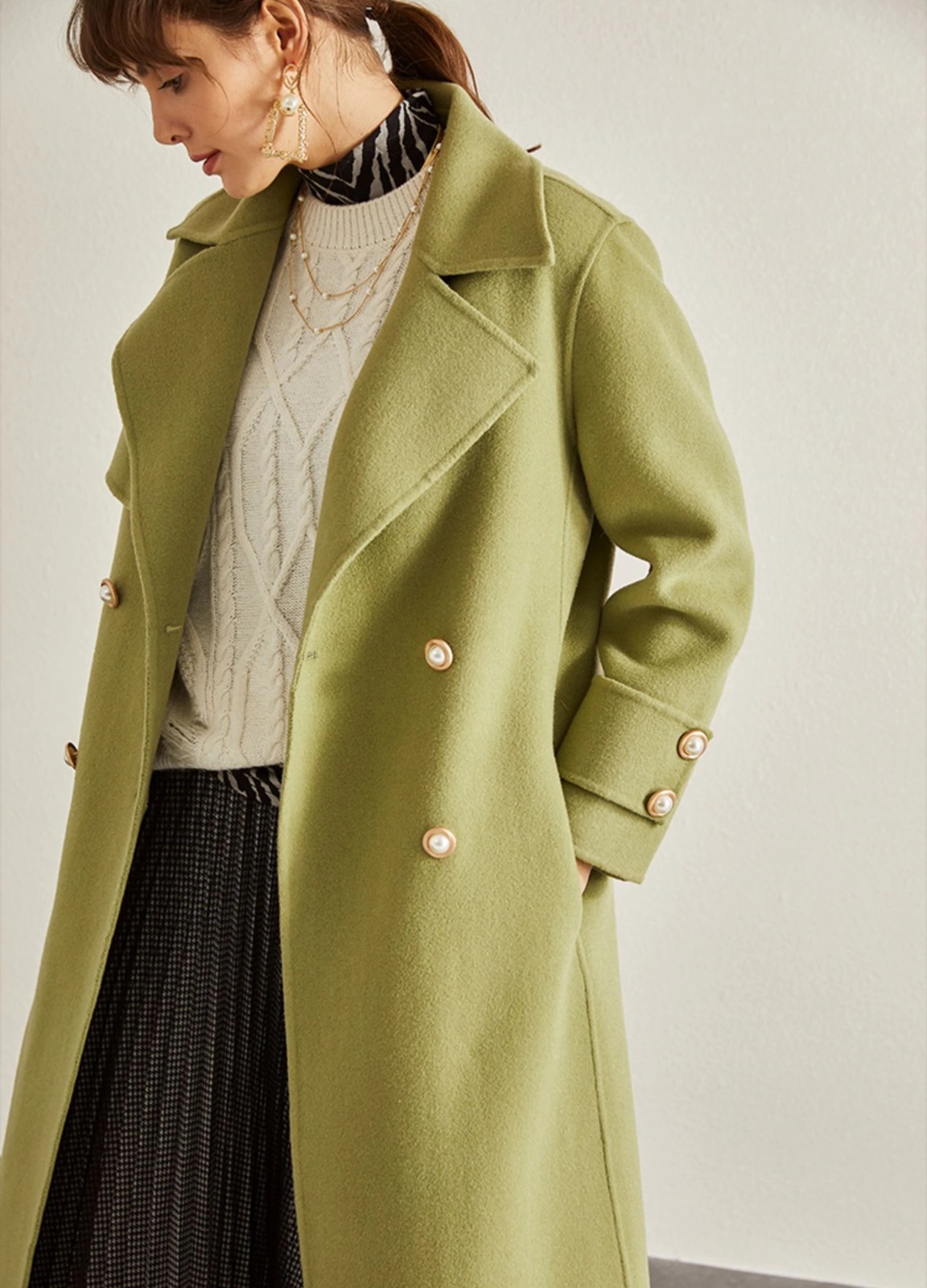 New light green double breasted warm woolen women long wool coat autumn ...