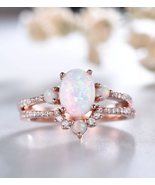 Women White Fire Opal Engagement Ring Set with Three Stone Octorber Birt... - $168.00
