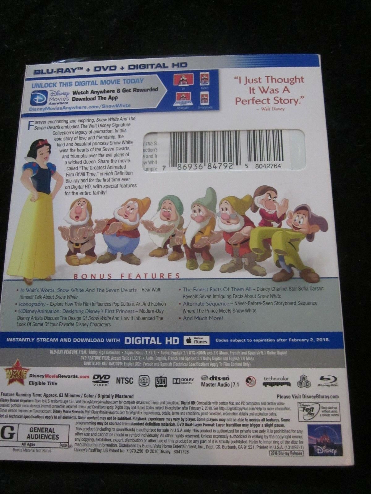 WDW DISNEY SNOW WHITE AND THE SEVEN DWARFS BLURAY DVD DISC NO DIGITAL