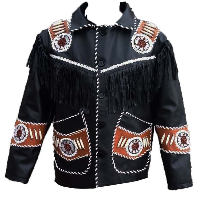 Men's New Handmade Native American Black Western Leather Fringe Jacket ...