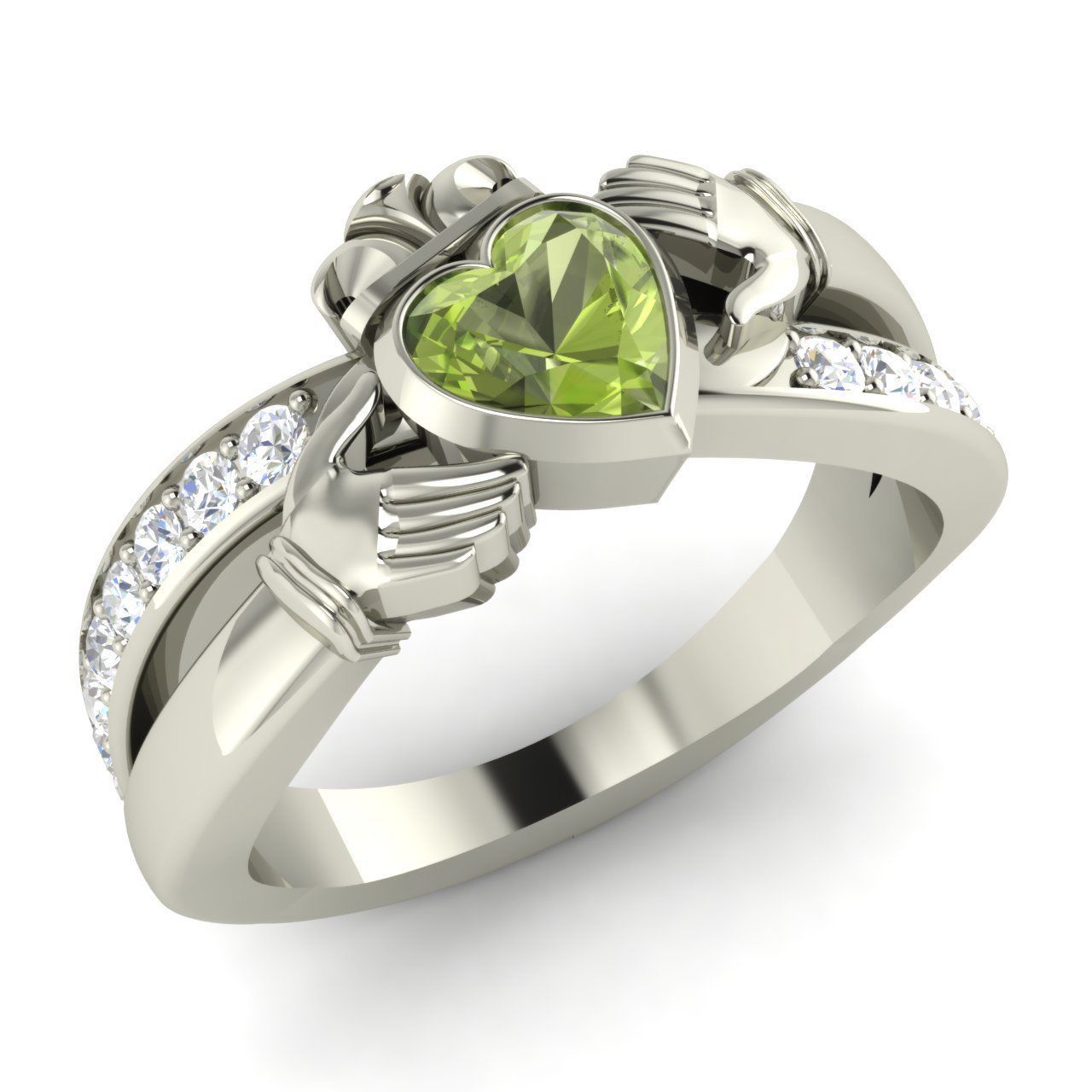 Lovely Heart Shape Green Peridot & CZ Diamond 14K White Gold Fn Engagement Ring