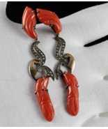 ESTATE NATURAL RED CORAL CARVED DIAMOND 18K GOLD  925 SILVER VICTORIAN E... - $855.00