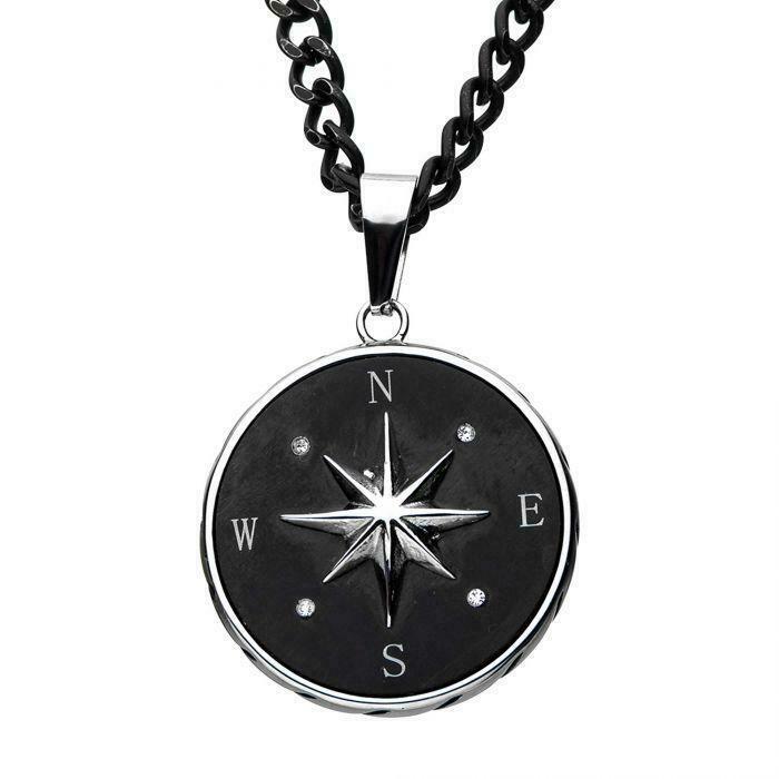 Stainless Steel Black Enamel Cross /& Dog Tag w//CZ Necklace; 24 inch