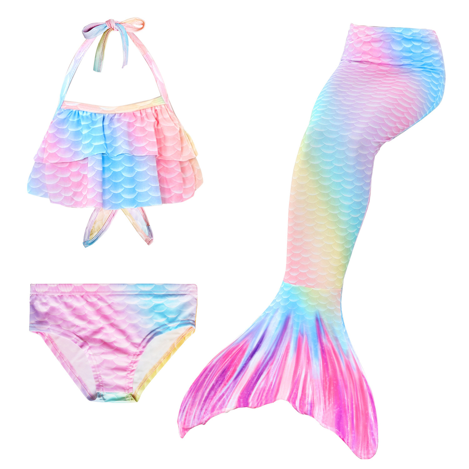 NEW!7PCS/SET Rainbow Mermaid Tail Swimming with Fin Swimsuit Costume
