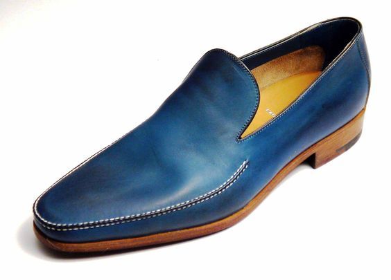 Blue Color Apron Toe Moccasin Loafer Slip Ons Genuine Leather Handmade Men Shoes