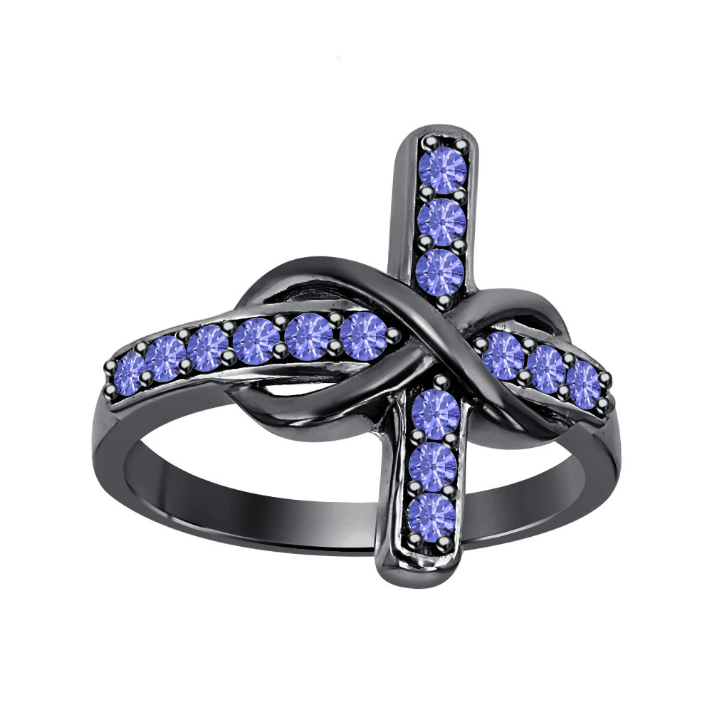 0.50 ct Round Cut Tanzanite 18K Black Gold Over 925 Silver Infinity Cross Ring