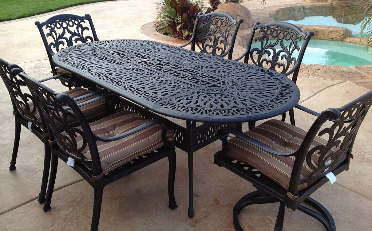 Outdoor 7 pc dining set patio furniture oval table cast aluminum chairs