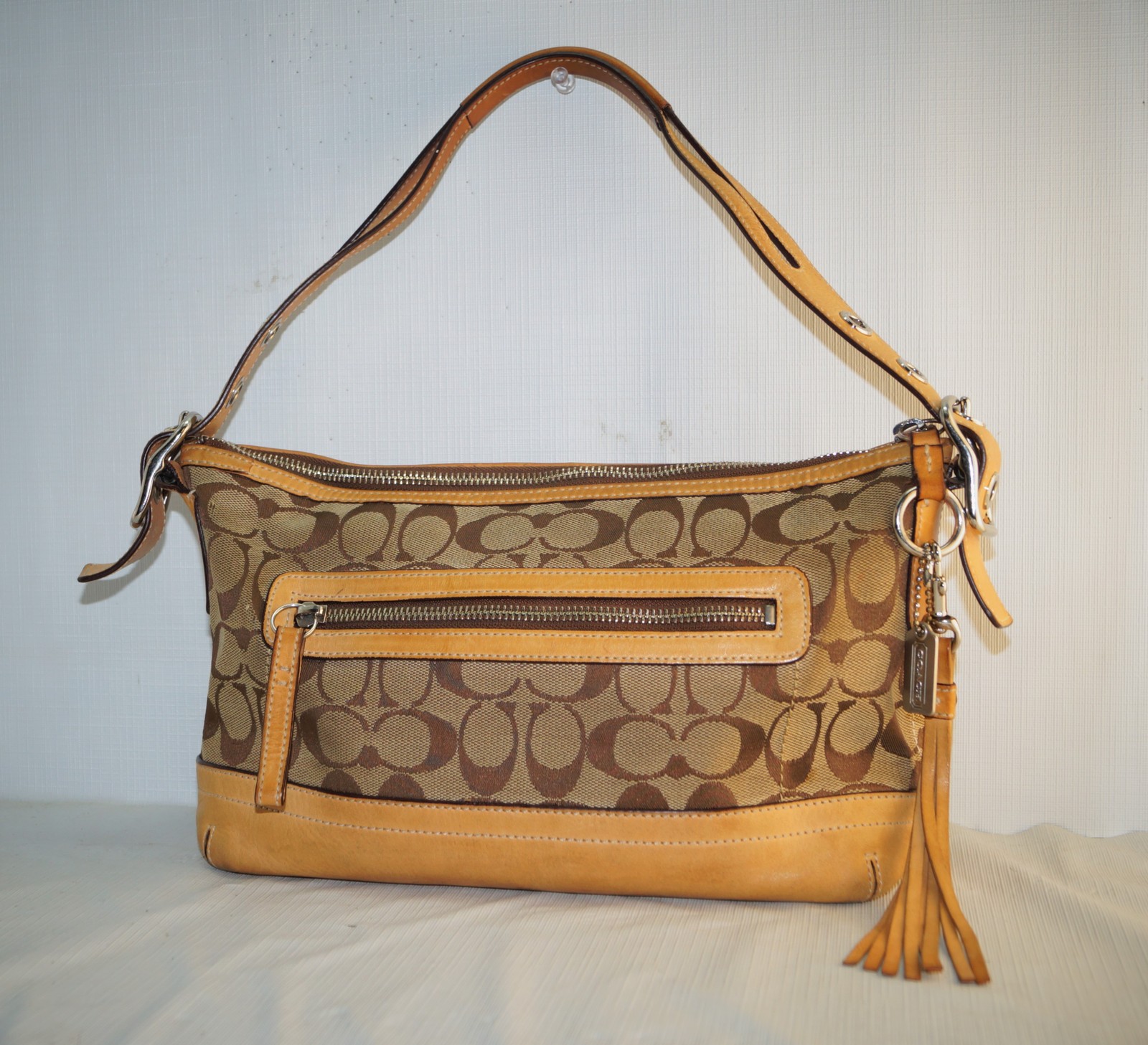 Coach Classic Canvas Logo Brown Tan Leather Trim Shoulder Bag Purse ...