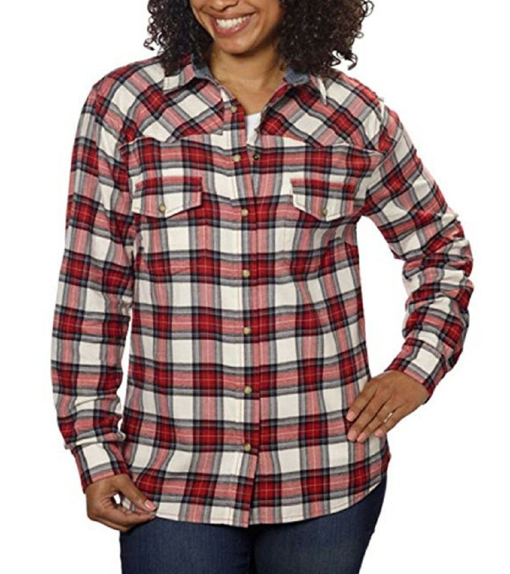 Jachs Girlfriend Women's Plaid Flannel Roll Tab Shirt Red/White - Tops