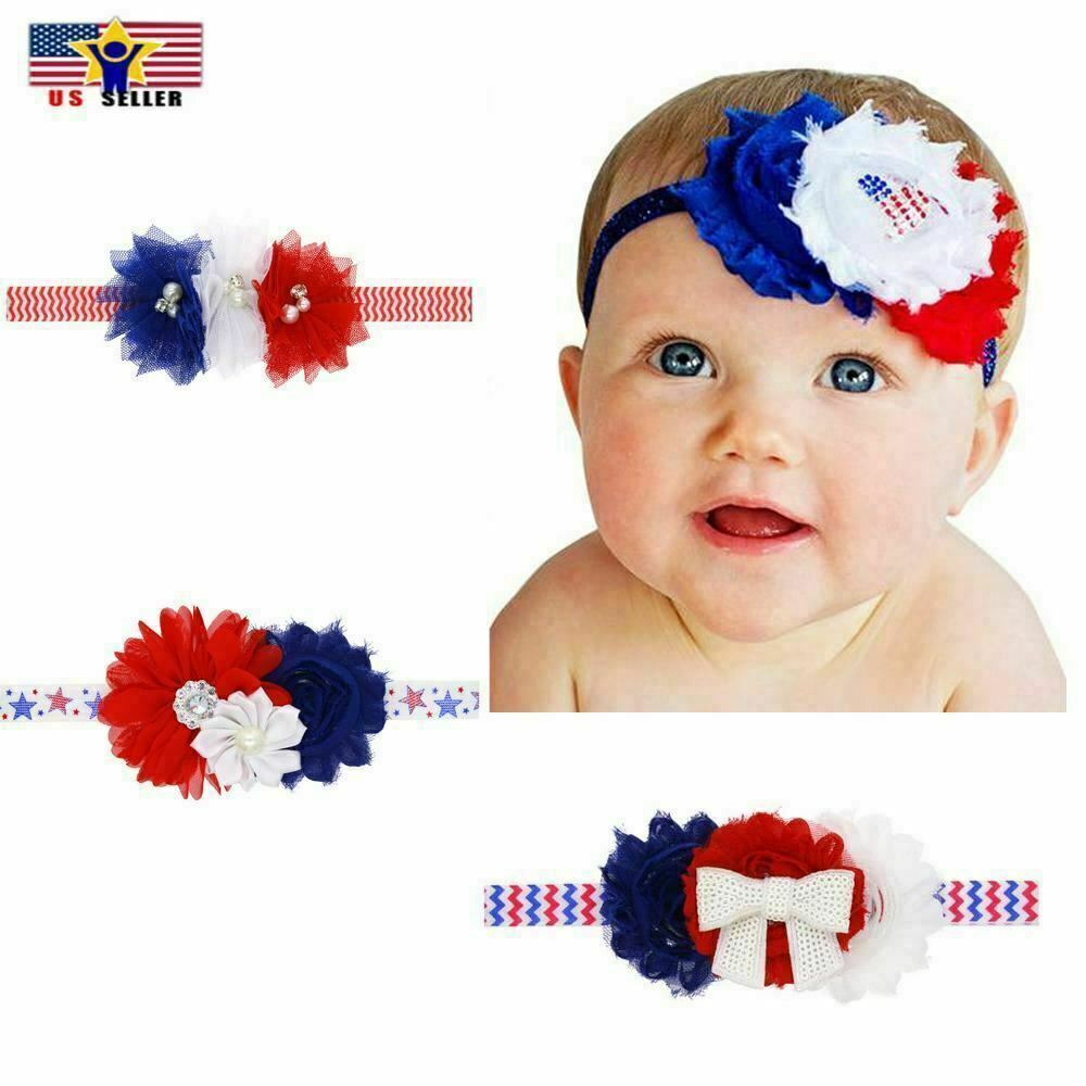 Primary image for 4th Of July Baby Haar Kopfband Amerikanische Flagge Chiffon Blumen Strass Satin