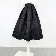 Women Black Midi Skirt Autumn Black Pleated Party Skirt Plus Size Line Pattern image 11