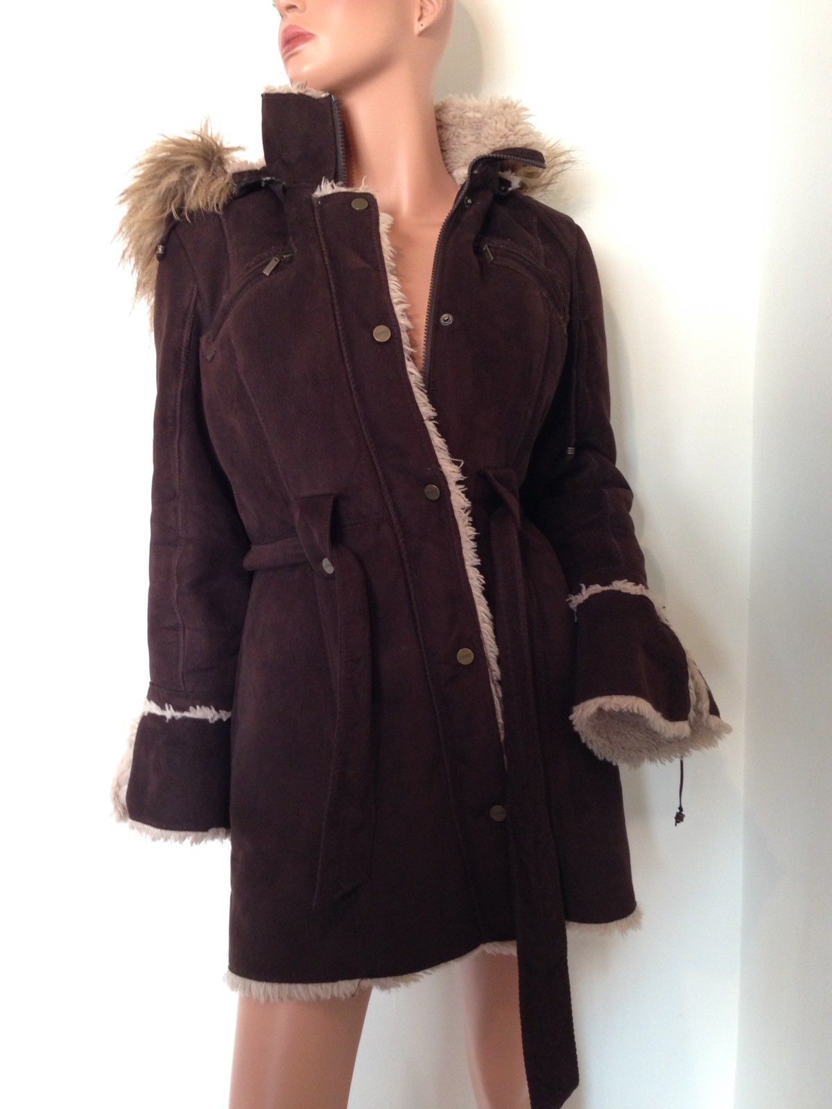 Esprit Women's Brown Winter Coat w/ Faux Suede and Fur Hooded Small