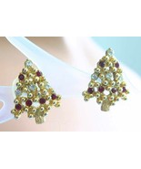 Red &amp; Crystal Rhinestone Gold-tone Christmas Tree Pierced Earrings 1980s... - $12.30