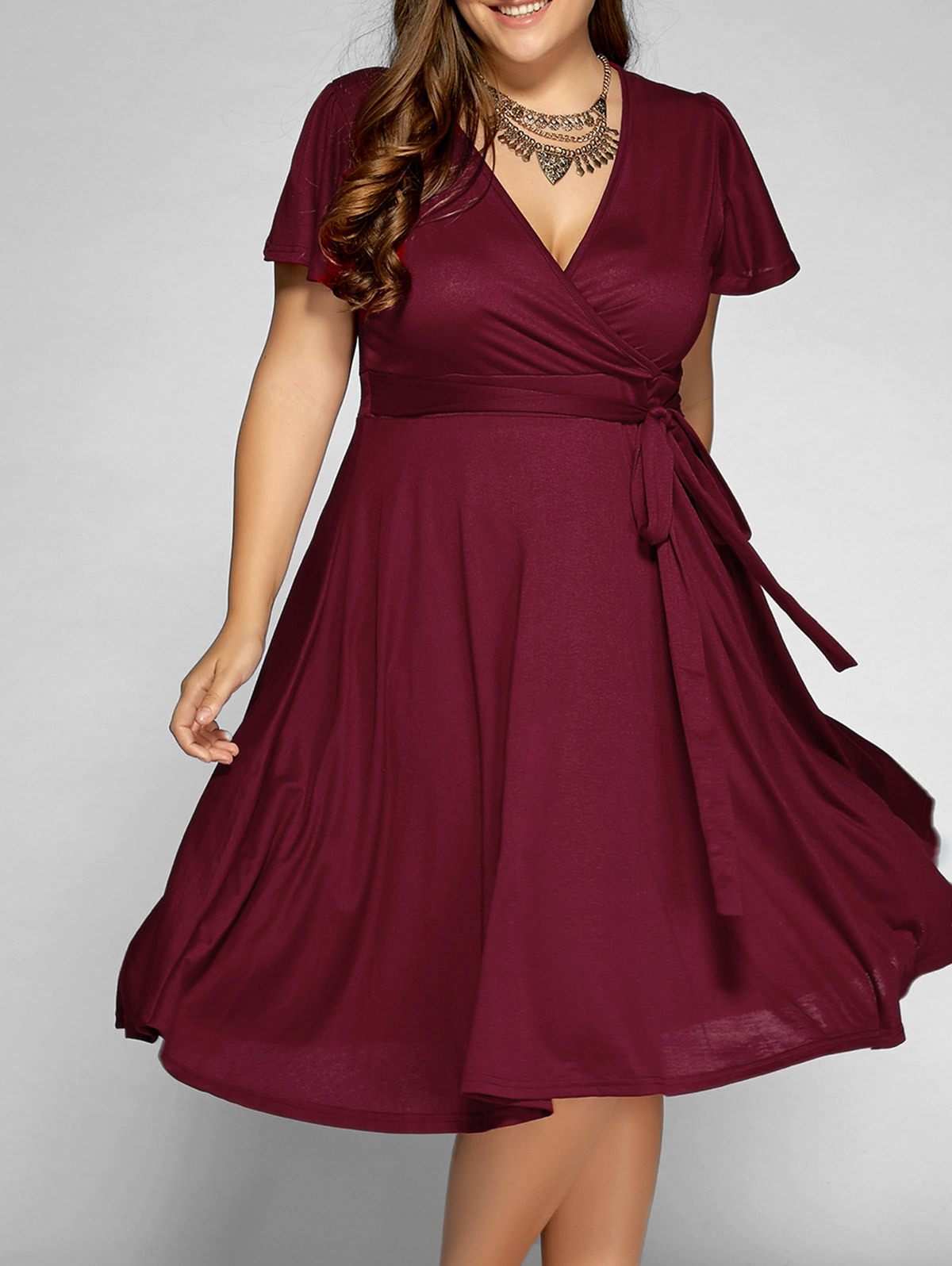 Wine Red Plus Size 3XL 9XL Women Super Stretch Summer V Neck Midi