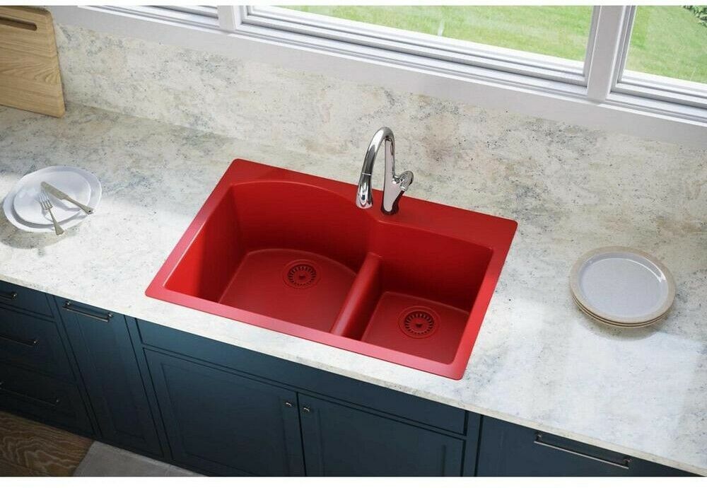 Elkay Kitchen Sink 33 in. Offset Double Bowl Heat-Stain ...