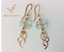 Handmade sea glass earrings copper twist wrapped with streamer dangles - $31.00