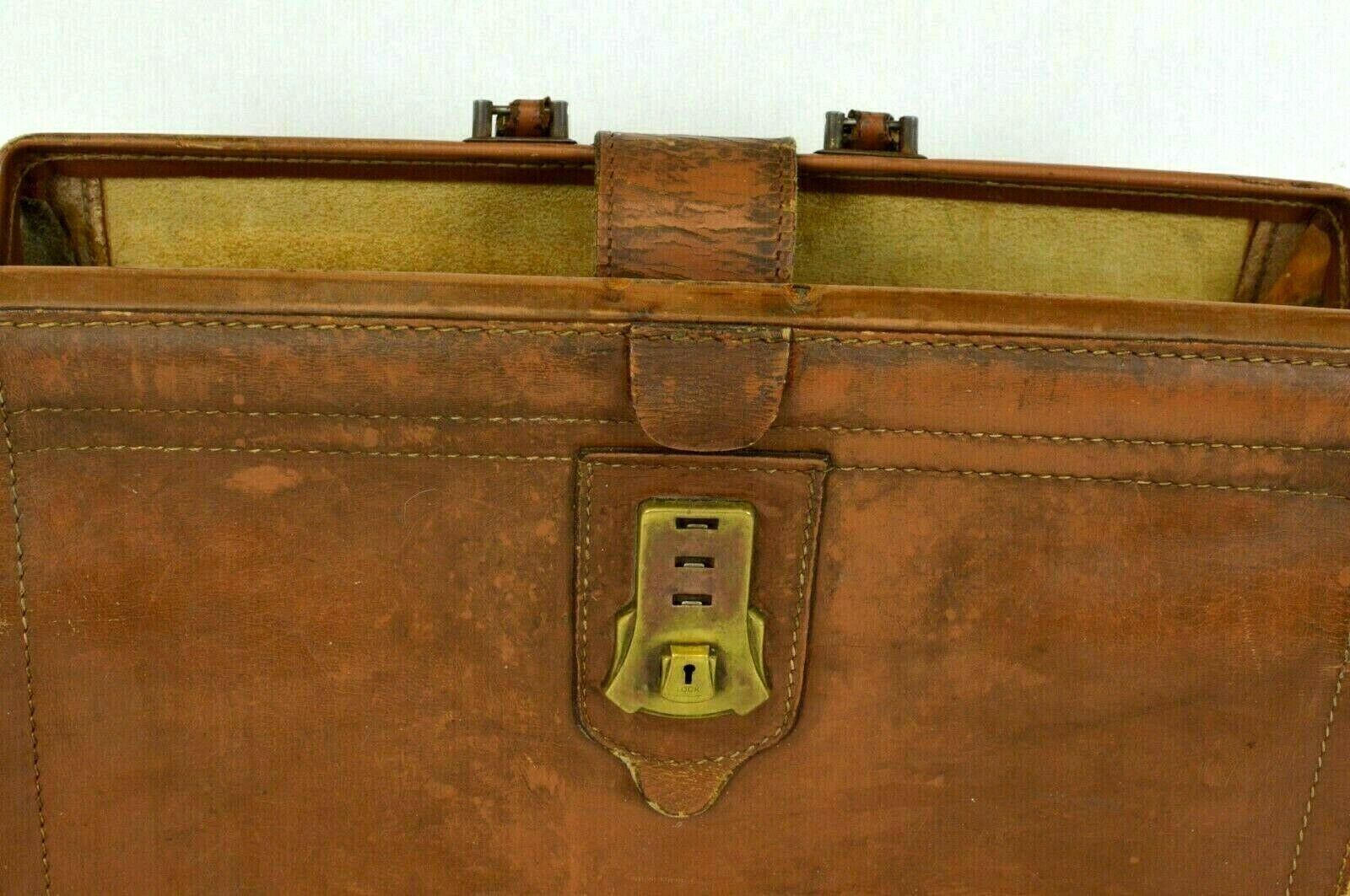 Vintage Crest Lock Co Brown Leather Briefcase NY USA Straps Accordion
