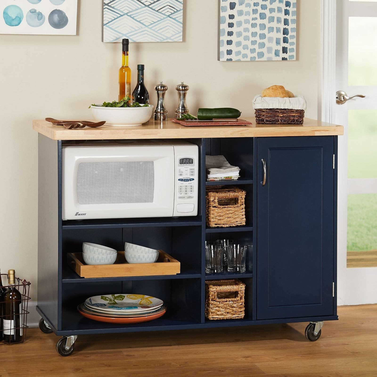 Navy Blue Wood Kitchen Island Rolling Microwave Cart ...