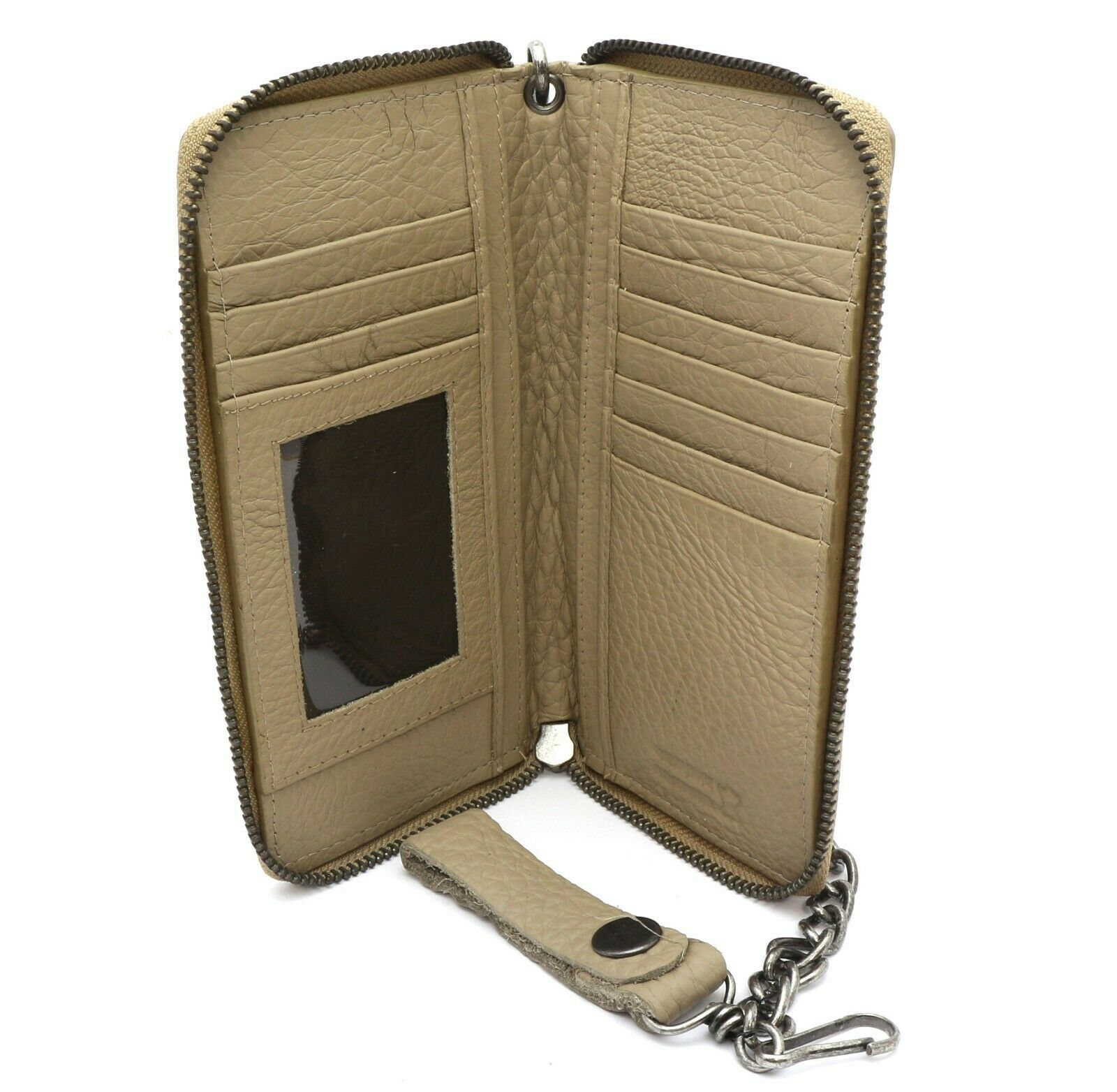 Bifold Taupe Genuine Leather Checkbook Holder Zip-around Wallet w/ a Chain - Wallets