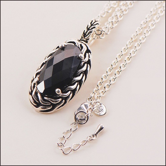 Oval Diamond Cut Black Onyx Hollow Length 925 Sterling Silver Pendant Necklace