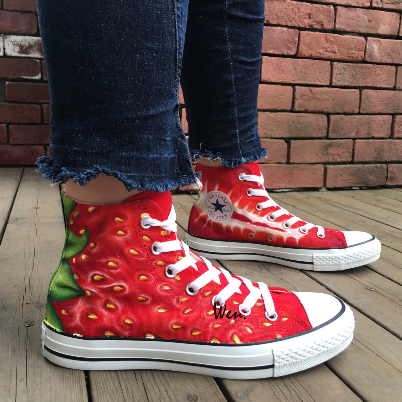 Design Strawberry Converse Shoes Hand Painted Canvas Sneakers Mens Womens Gifts