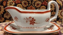 Spode GLOUCESTER Red Fine Stone Gravy Boat with attached underplate - $48.25