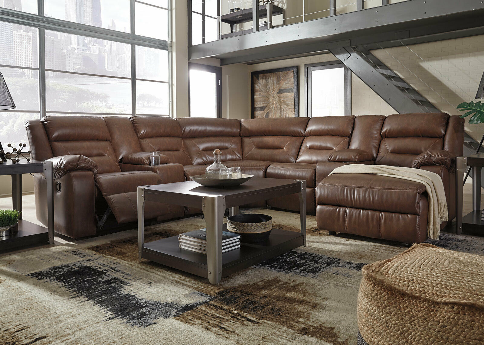 PRESTON Large Sectional Living Room Set Brown Faux Leather 