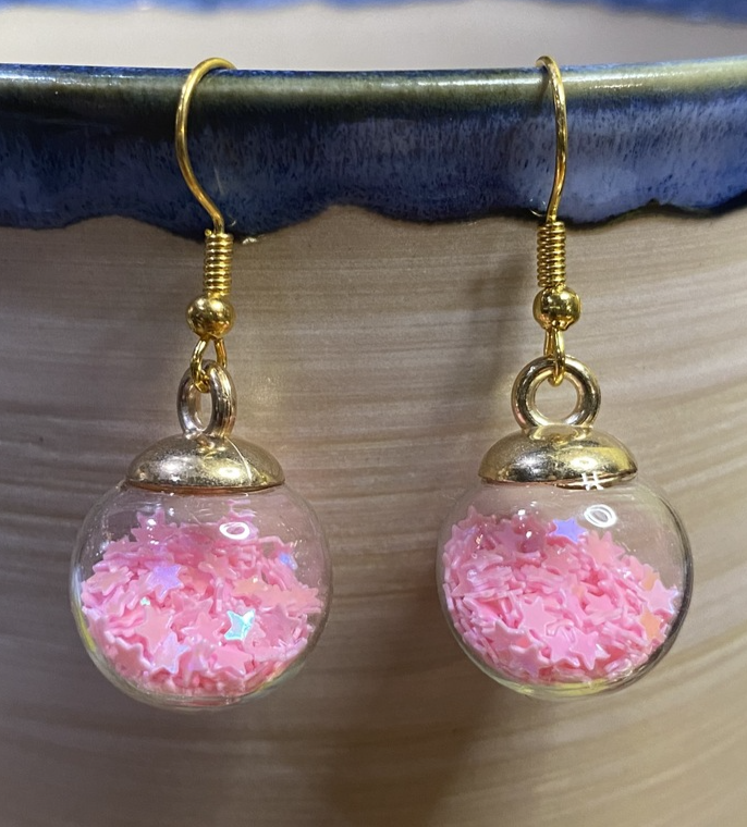 Light Pink Glass Star Orb Dangle Earrings Iridescent Confetti Glitter