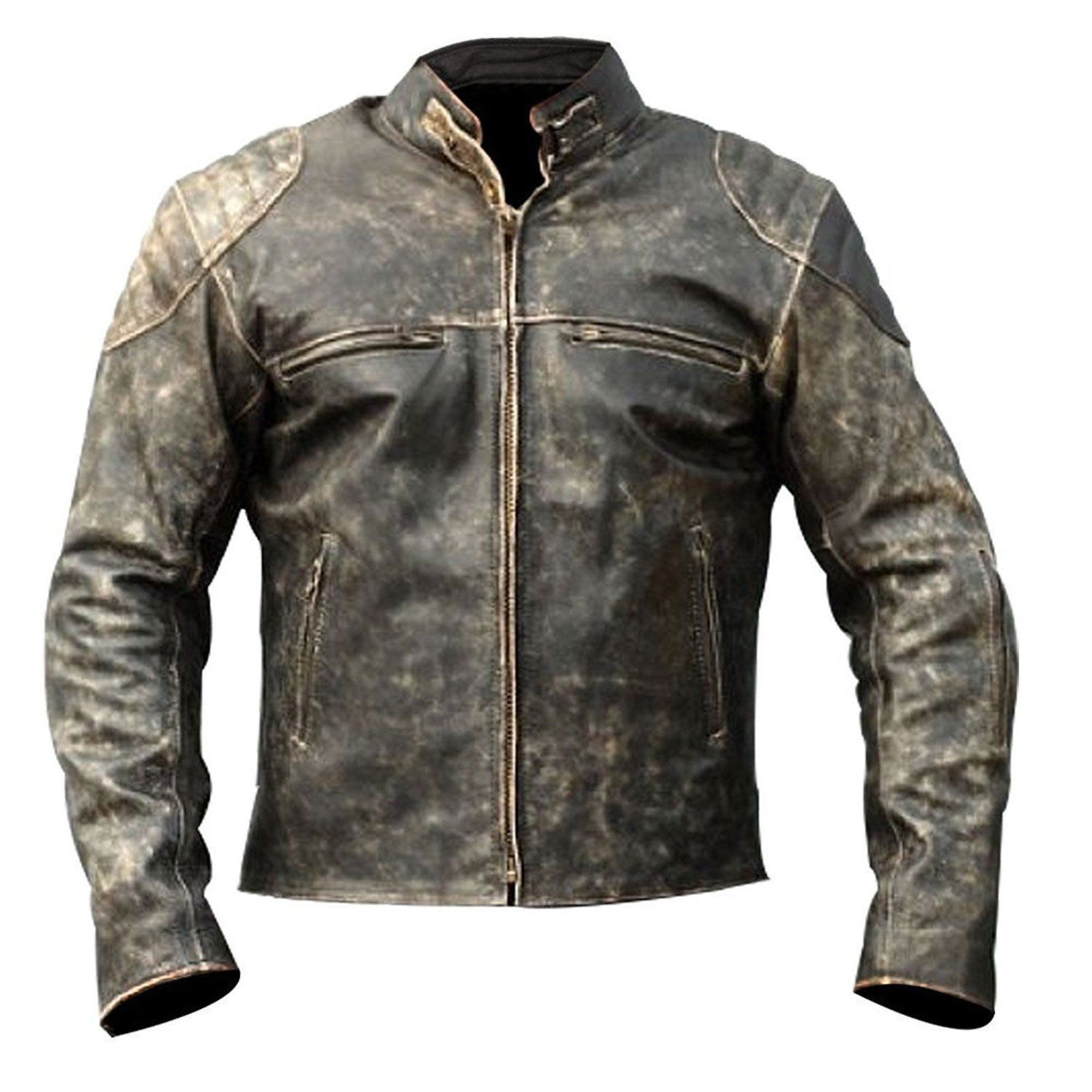Men's Vintage Biker Retro Motorcycle Cafe Racer Distressed Black Leather Jacket