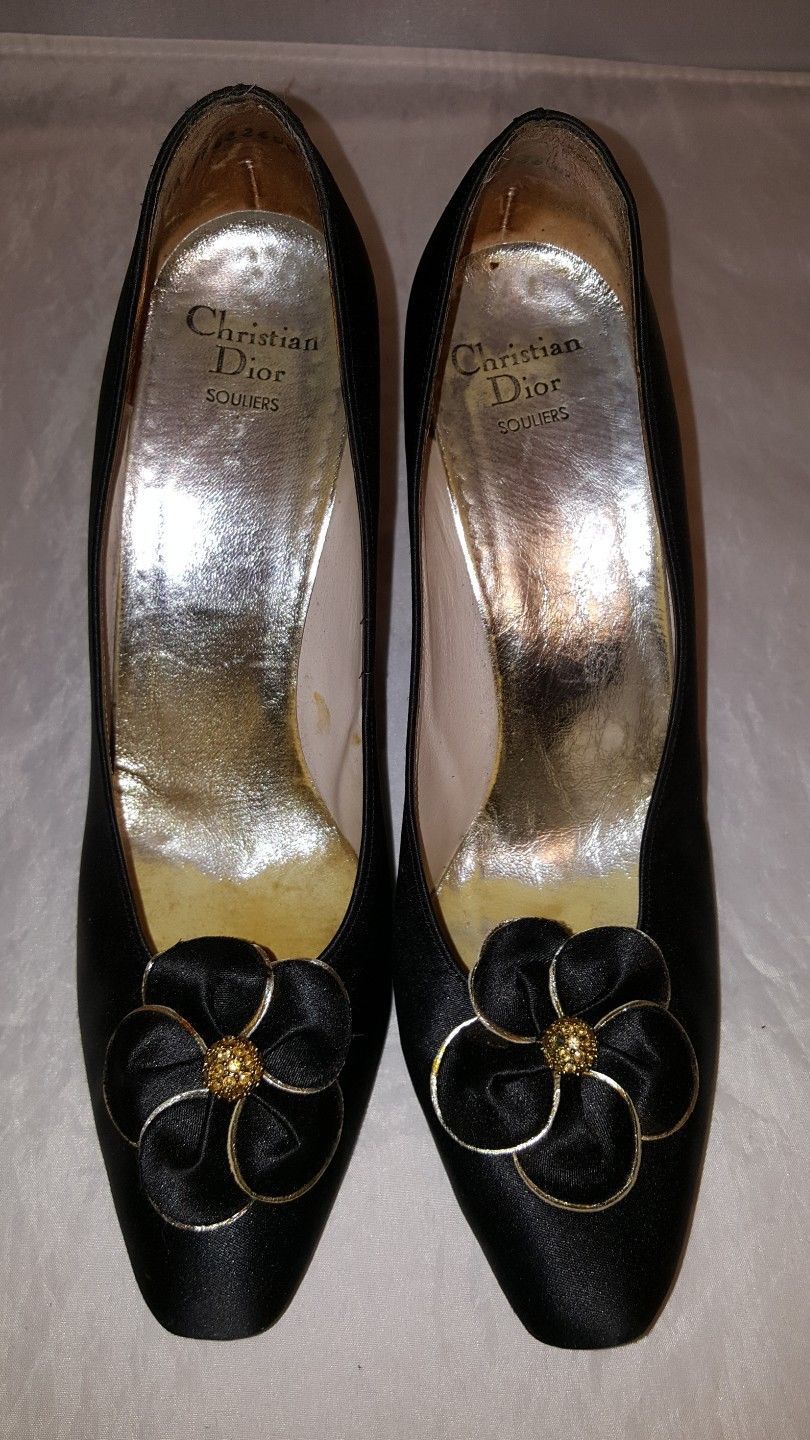 Vintage Christian Dior Souliers Black Satin Gold Flower Decor Pumps