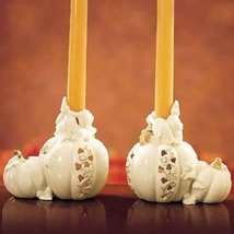 Lenox  Thanksgiving Pumpkin Candlesticks Pair Halloween Ivory Pierced Au... - $99.99
