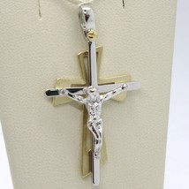 SOLID 18K WHITE YELLOW GOLD PENDANT DOUBLE CROSS, JESUS, SATIN, MADE IN ITALY image 1